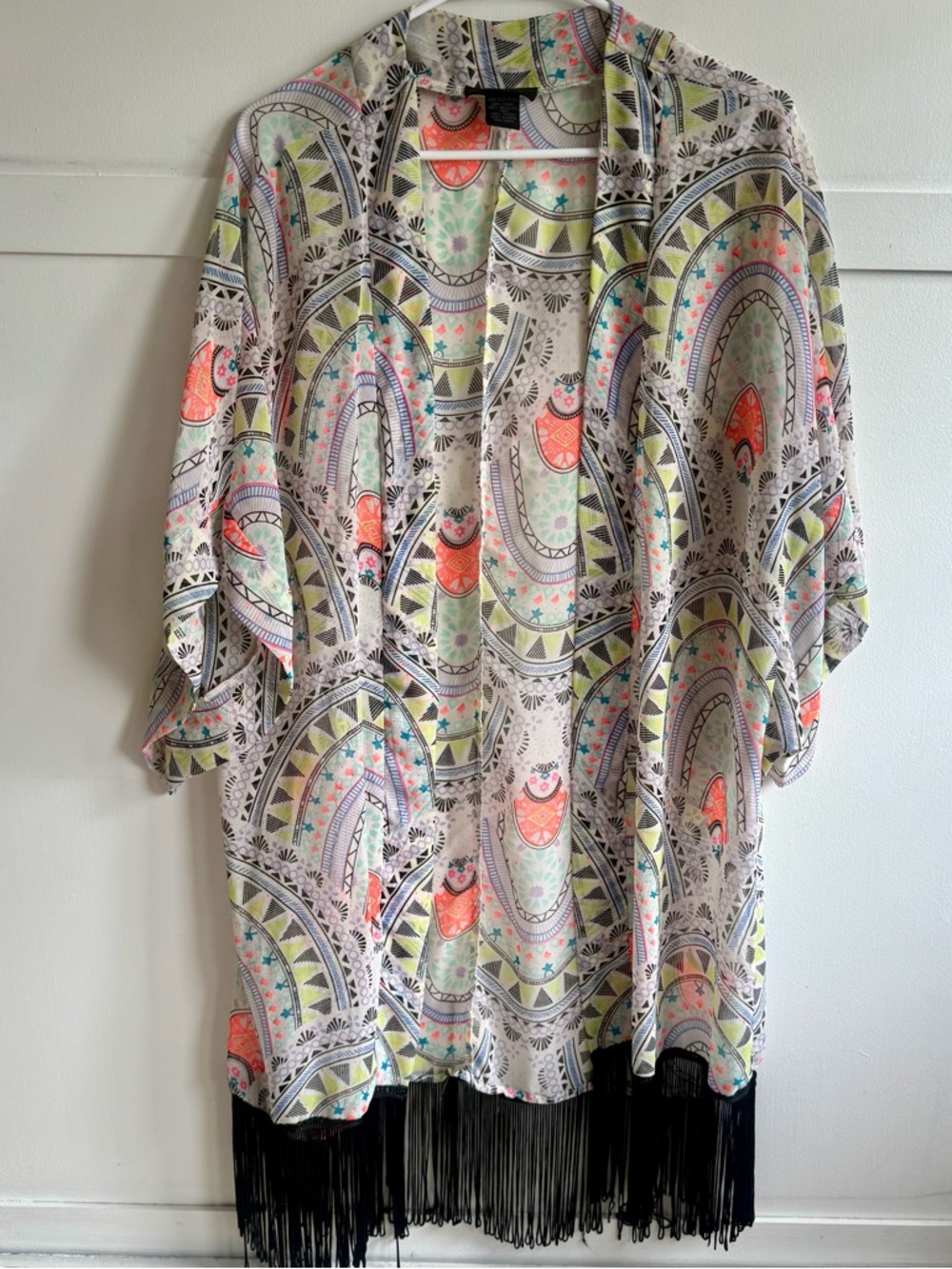 Open‎ Kimono Cardigan Cover Up Neon Aztec Boho Festival Geometric Fringe Hem
